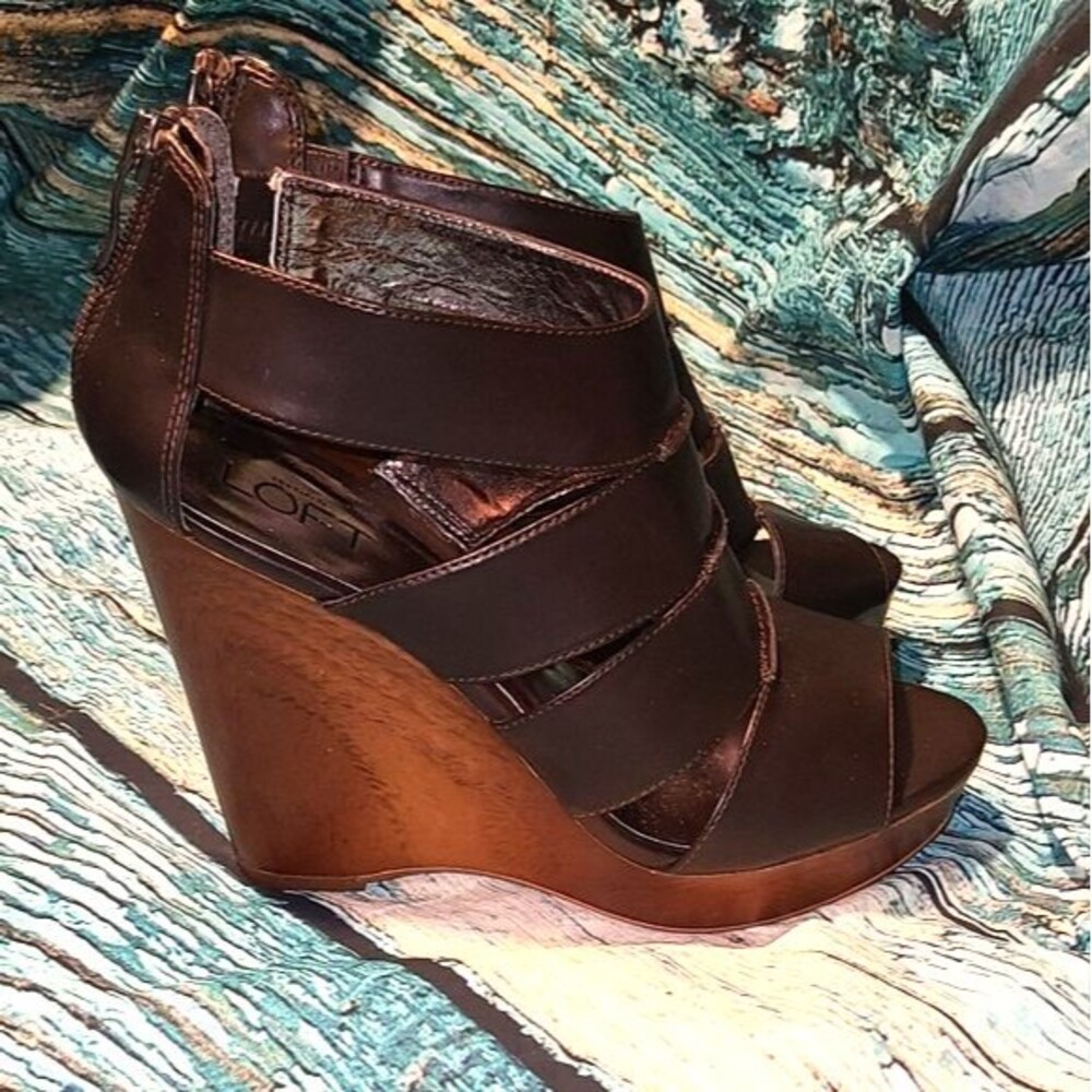 Y2K Boho Clubkid Retro Glam Platform Wedge Heels Brown Strappy Sandals‎ Loft 7.5